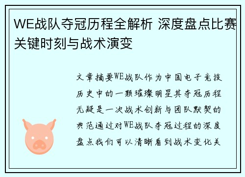WE战队夺冠历程全解析 深度盘点比赛关键时刻与战术演变